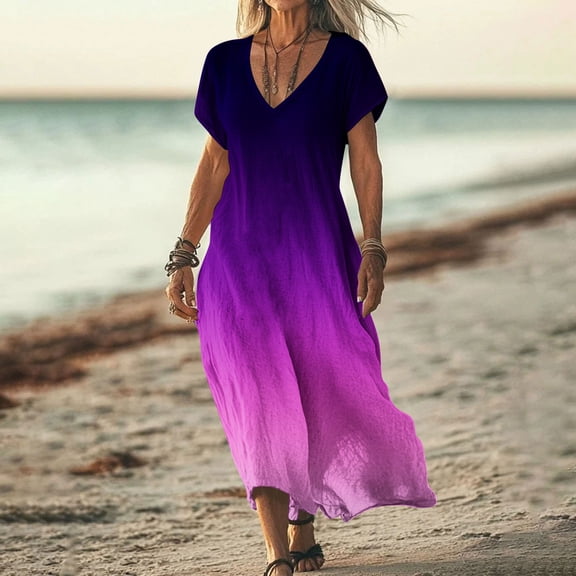 Taylonsss Womens Fashion Floral Print Short Sleeve V Neck Flowy Long Dress Casual Beach Resort Outfit