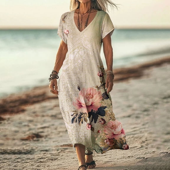 Taylonsss Womens Fashion Floral Print Short Sleeve V Neck Flowy Long Dress Casual Beach Resort Outfit