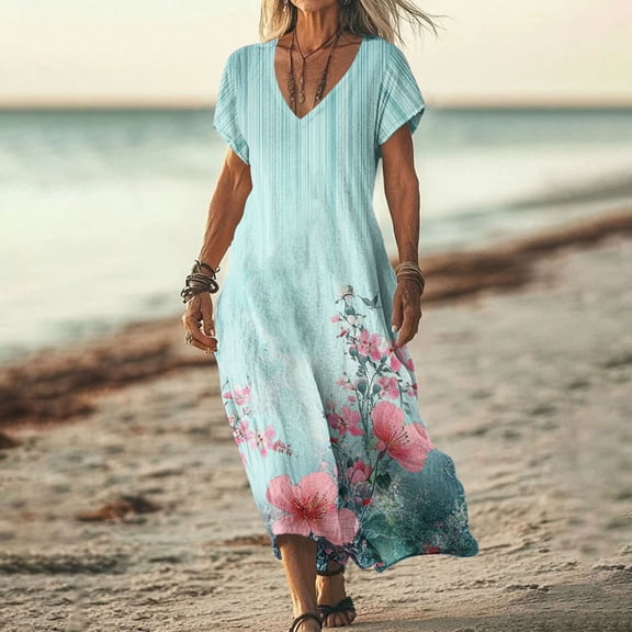 Taylonsss Womens Fashion Floral Print Short Sleeve V Neck Flowy Long Dress Casual Beach Resort Outfit