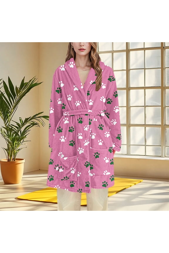 Womens Flannel Robe Long Loungewear Hoodless Sleepwear Cozy Homewear Allover Print Pajamas