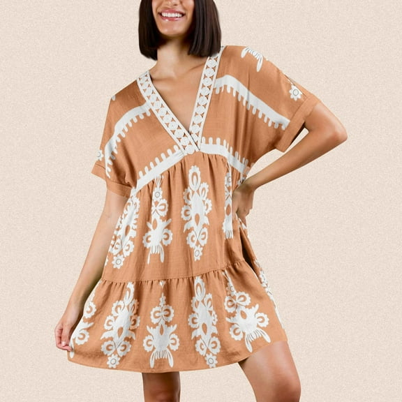 Taylonsss Womens Floral Print V Neck Lace Paneled Short Sleeve Dress, Casual Resort Style Everyday Outfit