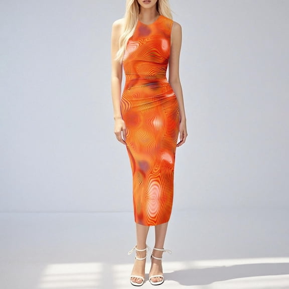 Taylonsss Womens Floral Ruffle Round Neck Fitted Sleeveless Mesh Long Dress Beach Vacation Outfit