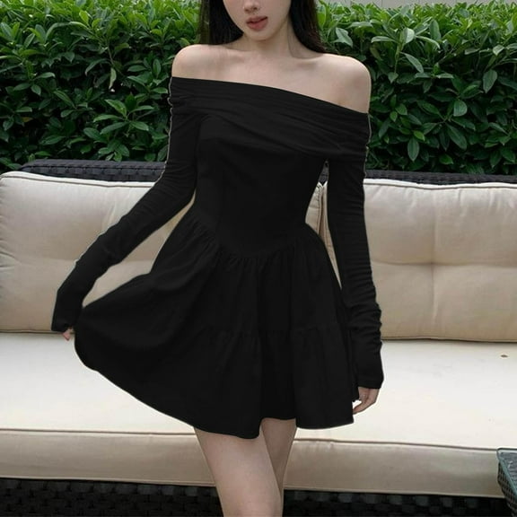Taylonsss Womens French Style Off Shoulder A-line Slim Fit Waist Little Black Cocktail Party Dress