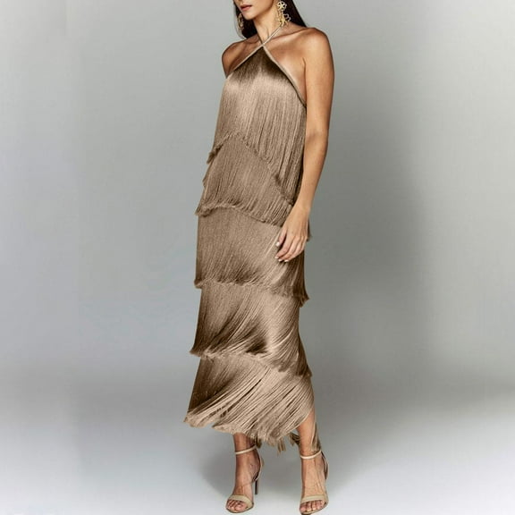 Taylonsss Womens Halter Neck Round Neck Sleeveless Dress with Fringe Detail Open Back High Slit Evening Party Night Out Outfit