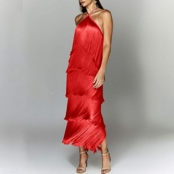 Taylonsss Womens Halter Neck Round Neck Sleeveless Dress with Fringe Detail Open Back High Slit Evening Party Night Out Outfit