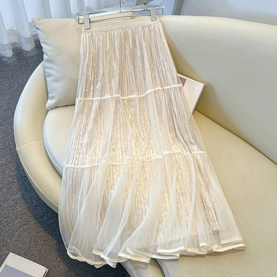Taylonsss Womens High Waisted Lace Patchwork Mesh Pleated A-line Mid Length Skirt Stylish Casual Spring Summer Beach Party Daily