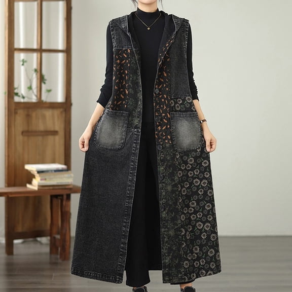 Taylonsss Womens Hooded Color Block Long Denim Vest Coat Dress Casual Layered Outfit