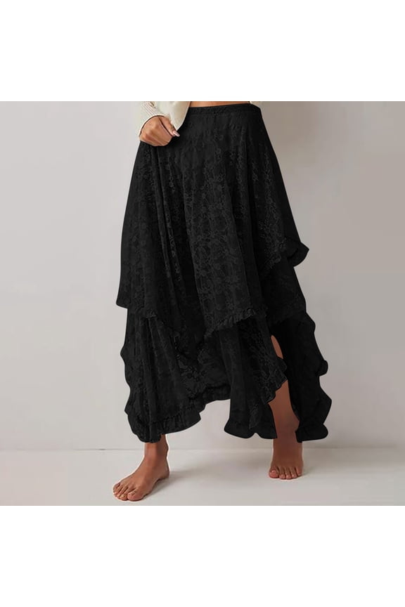 Womens Layered Lace Skirt Retro Irregular Hem Midi Vintage Boho Style