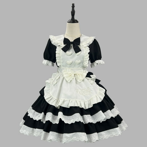 Taylonsss Womens Lolita Maid Dress Puff Sleeve Round Neck Short Sleeve Fashion Style Outfit