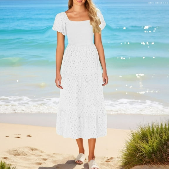 Taylonsss Womens Long Dress Lace Eyelet Square Neck Puff Sleeve Smocked Tiered Boho Beach Vacation Outfit