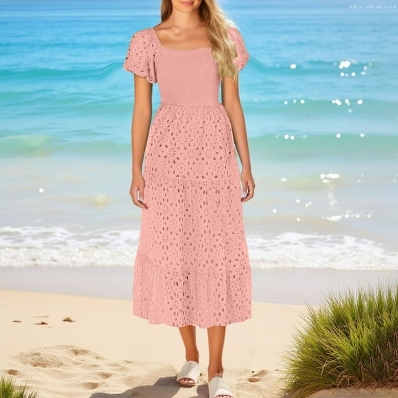 Taylonsss Womens Long Dress Lace Eyelet Square Neck Puff Sleeve Smocked Tiered Boho Beach Vacation Outfit