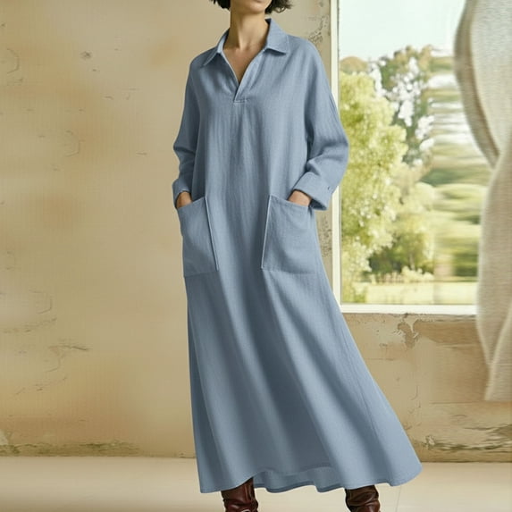 Taylonsss Womens Long Sleeve Dress with Shirt Collar Oversized Pockets Relaxed A-Line Maxi Casual Bohemian Vacation Dress