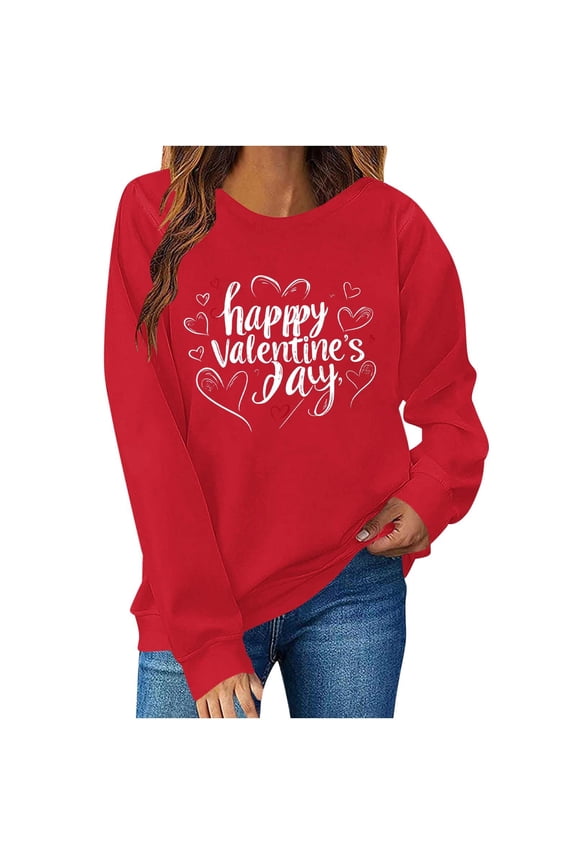Womens Long Sleeve Heart Print Round Neck Hoodless Sweatshirt Casual Daily Wear Winter Spring Outfit