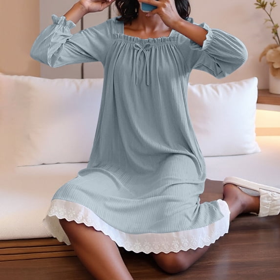 Taylonsss Womens Long Sleeve Nightgown Ribbed Square Neck Lace Solid Color Sleep Dress for Cozy Home Wear