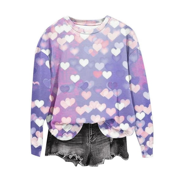 Taylonsss Womens Long Sleeve T-Shirt Heart Print Round Neck Loose Fit Casual Top Polyester Blouse for Spring Summer Daily Wear Dating Party Outfit