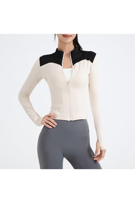 Womens Long Sleeve Zipper Sports Jacket Fitness Yoga Top V-Neck Comfortable Polyester Spandex Blend for Home Workout Casual Outdoor Wear