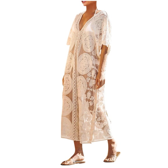 Taylonsss Womens Loose Casual Short Sleeve Crochet Beach Cover-Up Openwork Sun Protective Lace Style Summer Resort Wear
