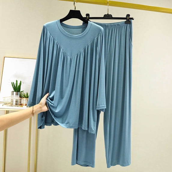 Taylonsss Womens Loungewear Set Soft V-Neck Long Sleeve Blouse with Pleated s and Tie-Waist Wide Leg Pants Home Comfort Two-Piece Outfit