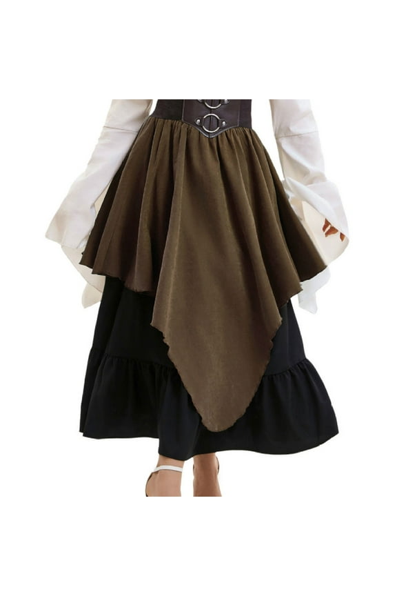 Womens Medieval Retro Full A-Line Long Skirt Solid Color Asymmetrical Hem Vintage Historical Costume