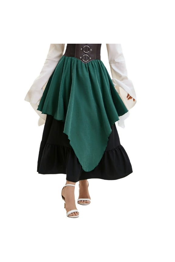 Womens Medieval Retro Full A-Line Long Skirt Solid Color Asymmetrical Hem Vintage Historical Costume
