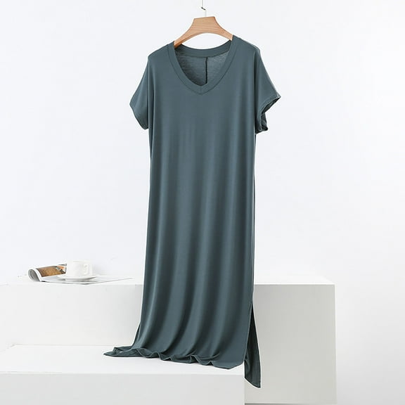 Taylonsss Womens Modal Nightgown Solid Color V Neck Short Sleeve Loose Comfort Long Sleepwear Cozy Home Lounge Dress