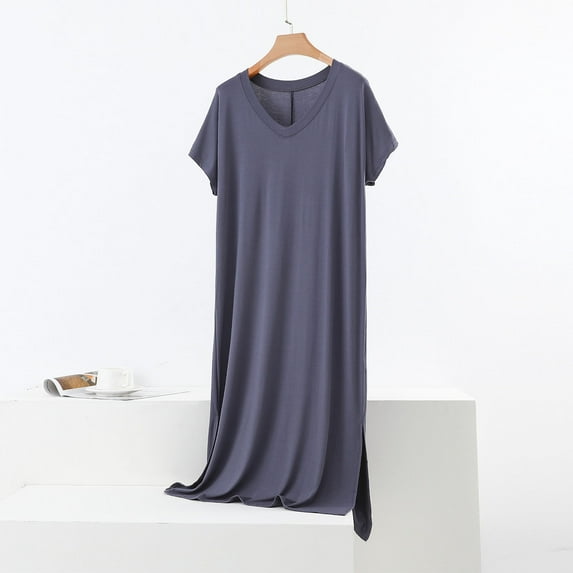 Taylonsss Womens Modal Nightgown Solid Color V Neck Short Sleeve Loose Comfort Long Sleepwear Cozy Home Lounge Dress