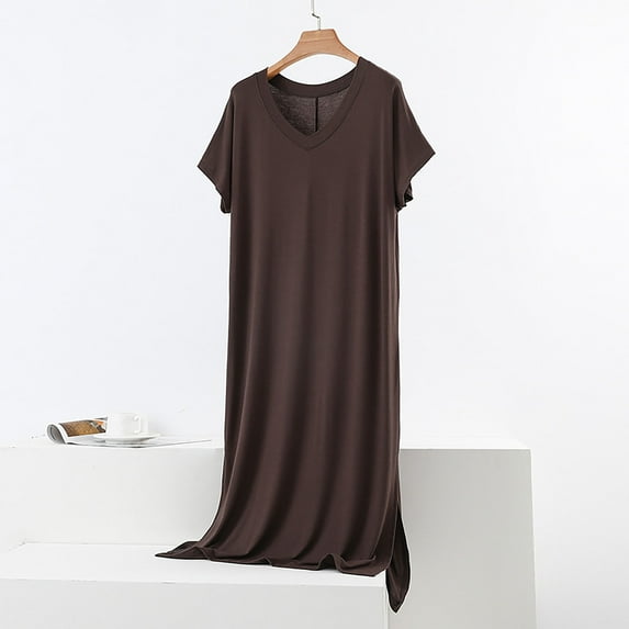 Taylonsss Womens Modal Nightgown Solid Color V Neck Short Sleeve Loose Comfort Long Sleepwear Cozy Home Lounge Dress