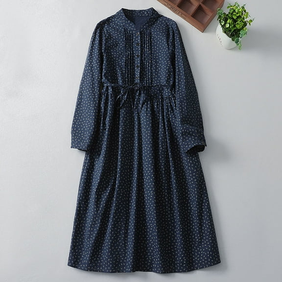 Taylonsss Womens Nature-Inspired Vintage Print Dress Tie Waist Stand Collar Long Sleeve Midi Boho Outfit