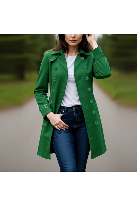 Womens Notch Lapel Long Sleeve Double-Breasted Trench Coat with Cuff Buckles Classic Mid-Length Solid Color Casual Outerwear for Spring Fall and Mild Weather Wear