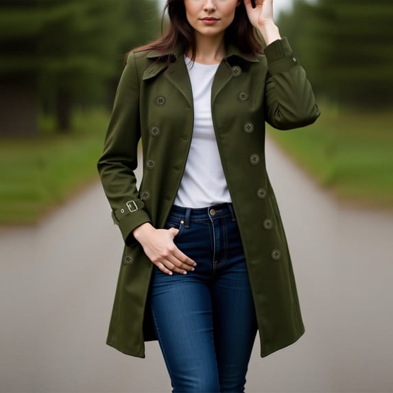 Taylonsss Womens Notch Lapel Long Sleeve Double-Breasted Trench Coat with Cuff Buckles Classic Mid-Length Solid Color Casual Outerwear for Spring Fall and Mild Weather Wear
