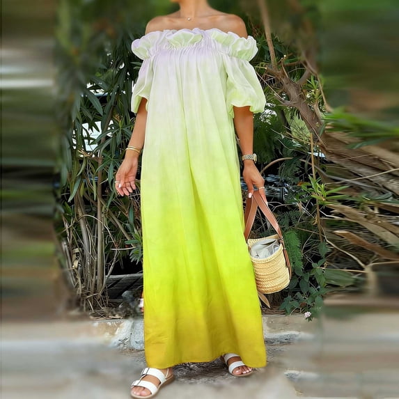 Taylonsss Womens Off Shoulder Puff Sleeve Maxi Dress Bohemian Beach Vacation Gradient Flowy Dress