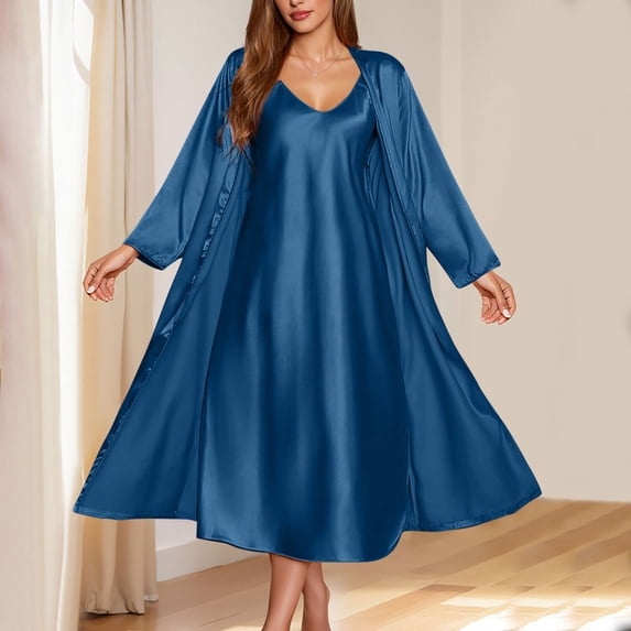 Taylonsss Womens Pajama Set Silky-Like Printed Nightgown and Robe Loungewear Two-Piece Sleepwear
