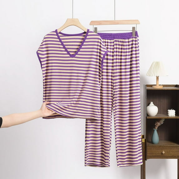 Taylonsss Womens Pajama Set Striped Sleeveless V Neck Relaxed T-Shirt and Lounge Pants Comfy Two-Piece Loungewear