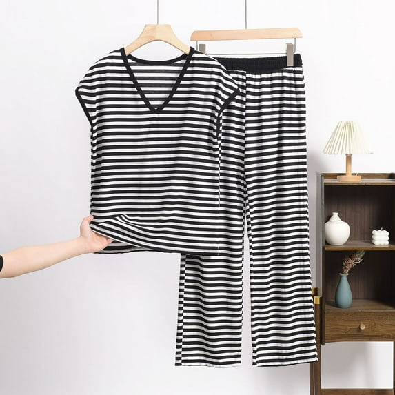 Taylonsss Womens Pajama Set Striped Sleeveless V Neck Relaxed T-Shirt and Lounge Pants Comfy Two-Piece Loungewear