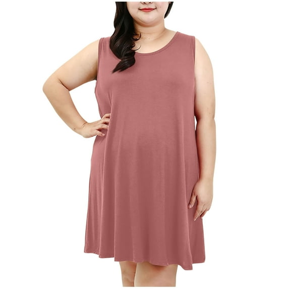 Taylonsss Womens Plus Size Casual Dress Sleeveless Round Neck Loose Fit Solid Color Comfy Daily Wear