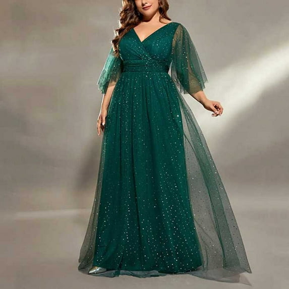 Taylonsss Womens Plus Size Evening Dress V Neck Short Sleeve Elegant Green Formal Party Gown