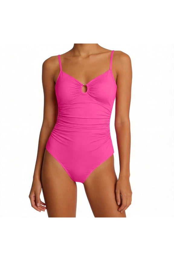 Womens Plus Size One Piece Swimsuit European Solid Color Belly Covering Fashion Slimming Swimsuit with Shaping Bust Support Crisscross Back Beach Vacation Outfit