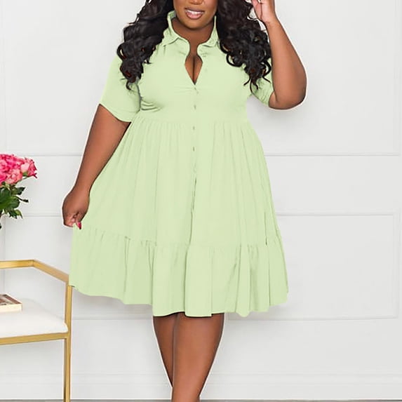 Taylonsss Womens Plus Size Solid Color Shirt Dress Lapel Collar Short Sleeve Button Front Casual Wear