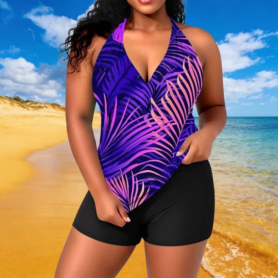 Taylonsss Womens Plus Size Two Piece Halter Neck Swimsuit with Adjustable Straps and Built in Bra Casual Solid Color Swimsuit Set for Beach and Pool Vacation