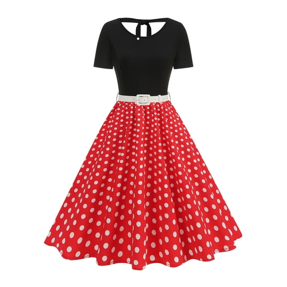 Taylonsss Womens Polka Dot Print Patchwork Dress Retro Bowknot Short Sleeve Flowy Vintage Party Outfit