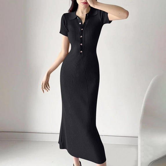 Taylonsss Womens Polo Collared Knit Dress Short Sleeve Solid Color Toggle Button Closure Casual Stylish Outfit