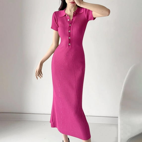 Taylonsss Womens Polo Collared Knit Dress Short Sleeve Solid Color Toggle Button Closure Casual Stylish Outfit