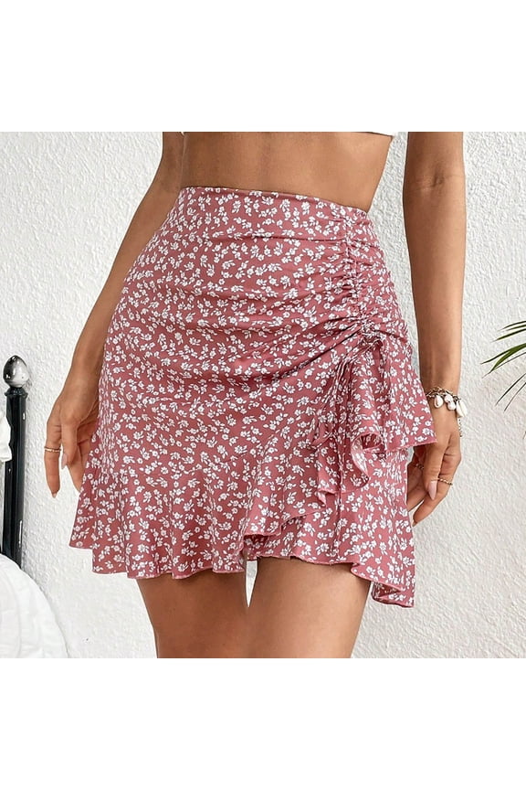 Womens Printed Drawstring Asymmetrical Ruffle Hem Mini Skirt Casual Boho Style
