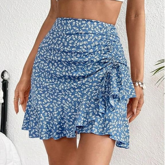Taylonsss Womens Printed Drawstring Asymmetrical Ruffle Hem Mini Skirt Casual Boho Style