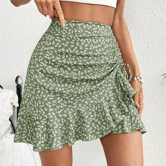 Taylonsss Womens Printed Drawstring Asymmetrical Ruffle Hem Mini Skirt Casual Boho Style