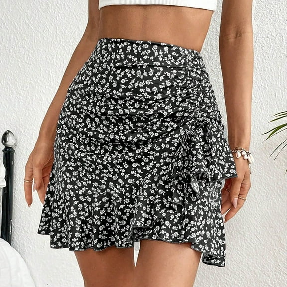Taylonsss Womens Printed Drawstring Asymmetrical Ruffle Hem Mini Skirt Casual Boho Style