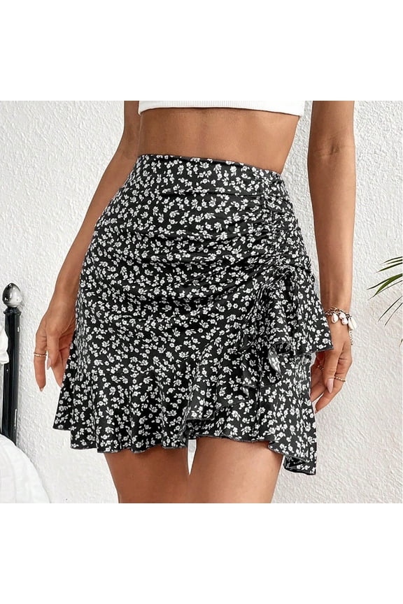Womens Printed Drawstring Asymmetrical Ruffle Hem Mini Skirt Casual Boho Style
