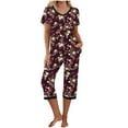 thumbnail image 1 of Taylonsss Womens Printed V-Neck Short Sleeve Top & Cropped Pants Loungewear Set with Pockets Relaxed Home Pajama Outfit, 1 of 5