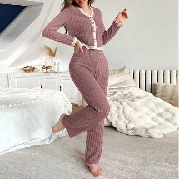 Taylonsss Womens Ribbed Panel Button Down Shirt Elastic Waist Straight Leg Pants Two Piece Set Casual Comfort Outfit