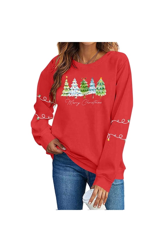 Womens Round Neck Christmas Printed Long Sleeve Pullover Sweatshirt Casual Holiday Seasonal Top Soft Polyester Comfortable Wear